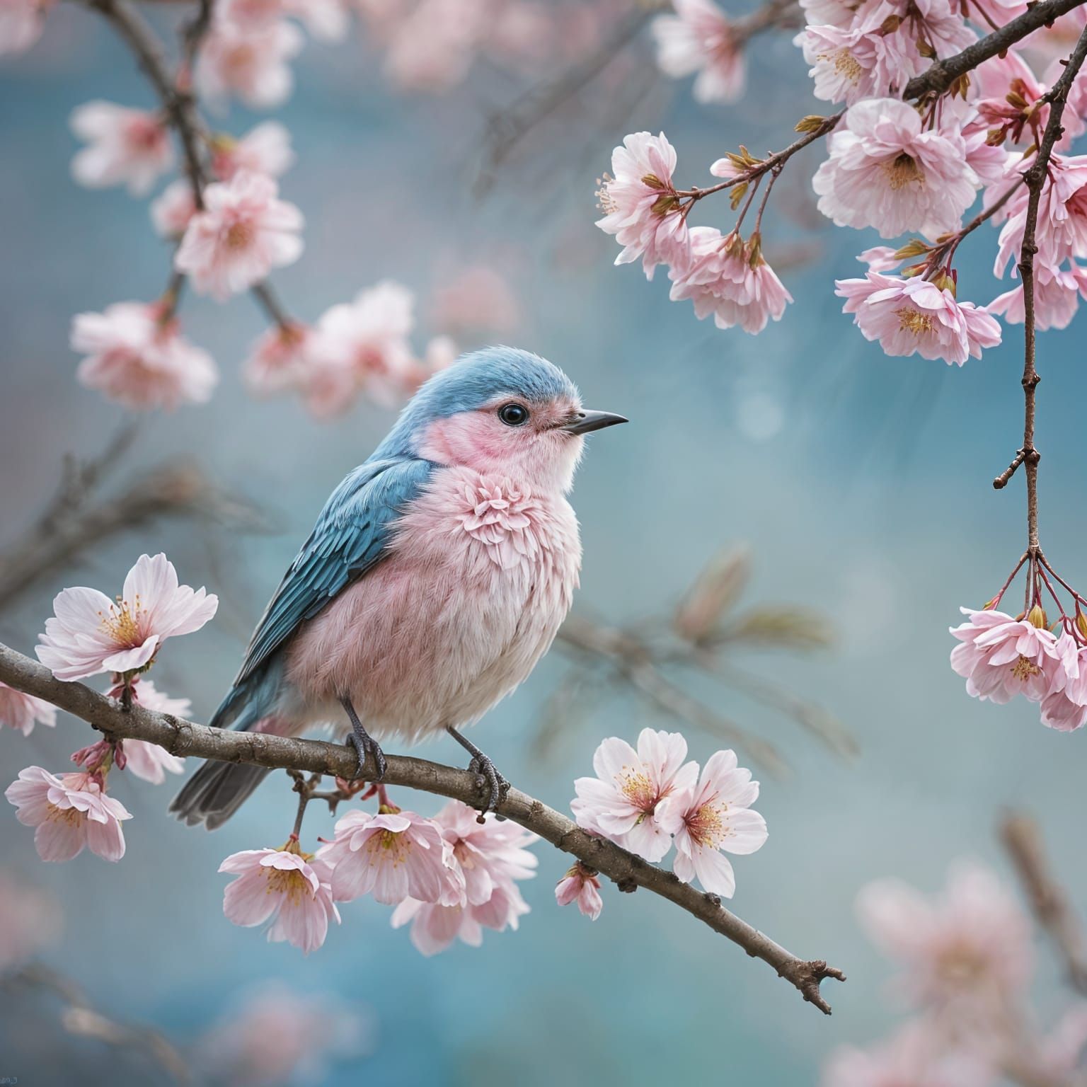 Bird on Cherry Blossom Branch: Oil Painting