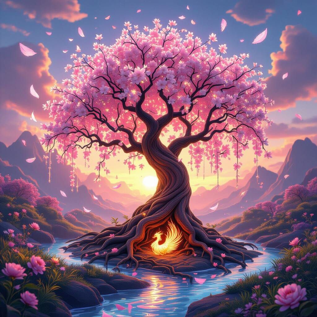 Glowing Fantasy Tree with Phoenix Roots in 3D Art