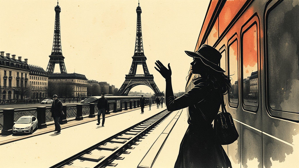 Girl in Paris Waving, Steampunk Ink Painting