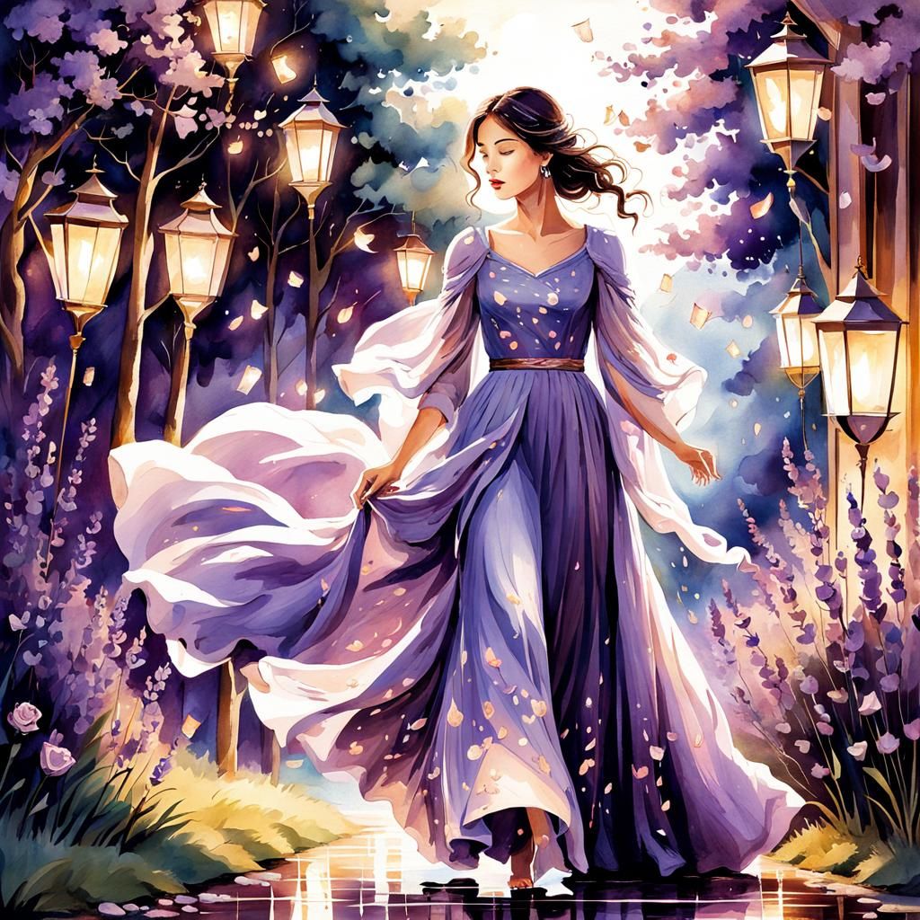 Ethereal Woman in Lavender Gown, Watercolor Style