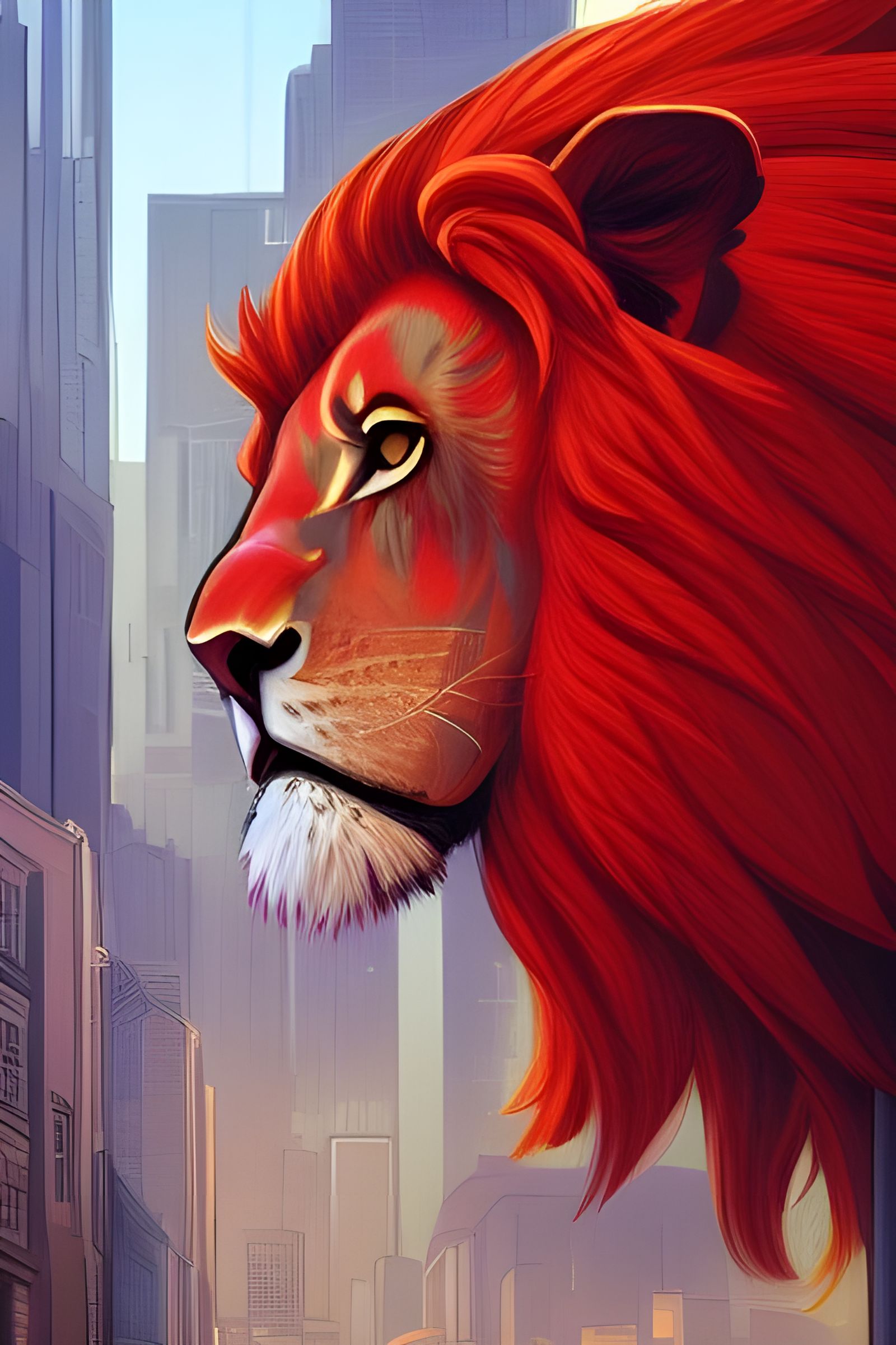 Red and White Lion Roams City, Digital Illustration