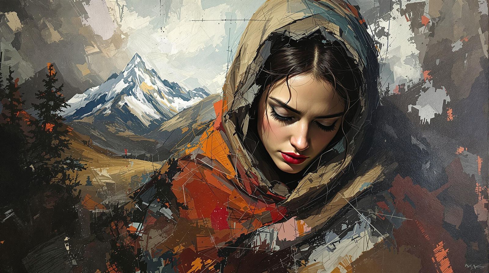 Emotional Impasto Portrait with Abstract Mountain Landscape