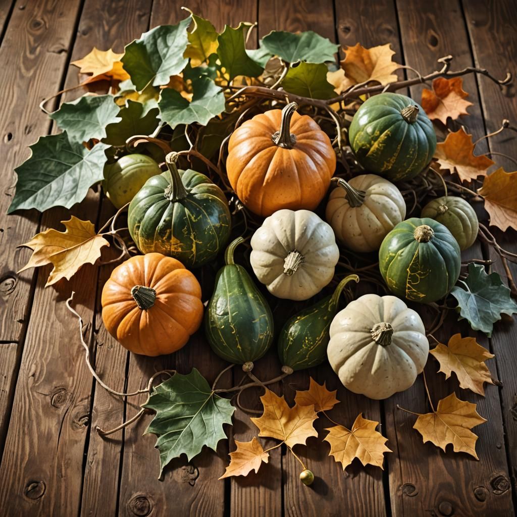 Realistic Still Life of Gourds on Wooden Table