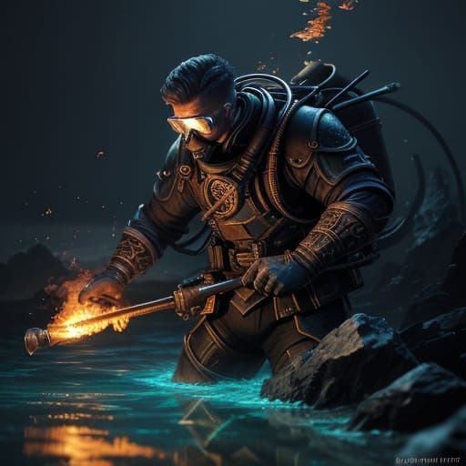 Underwater Scuba Diver Lighting Match, Dark Fantasy Art