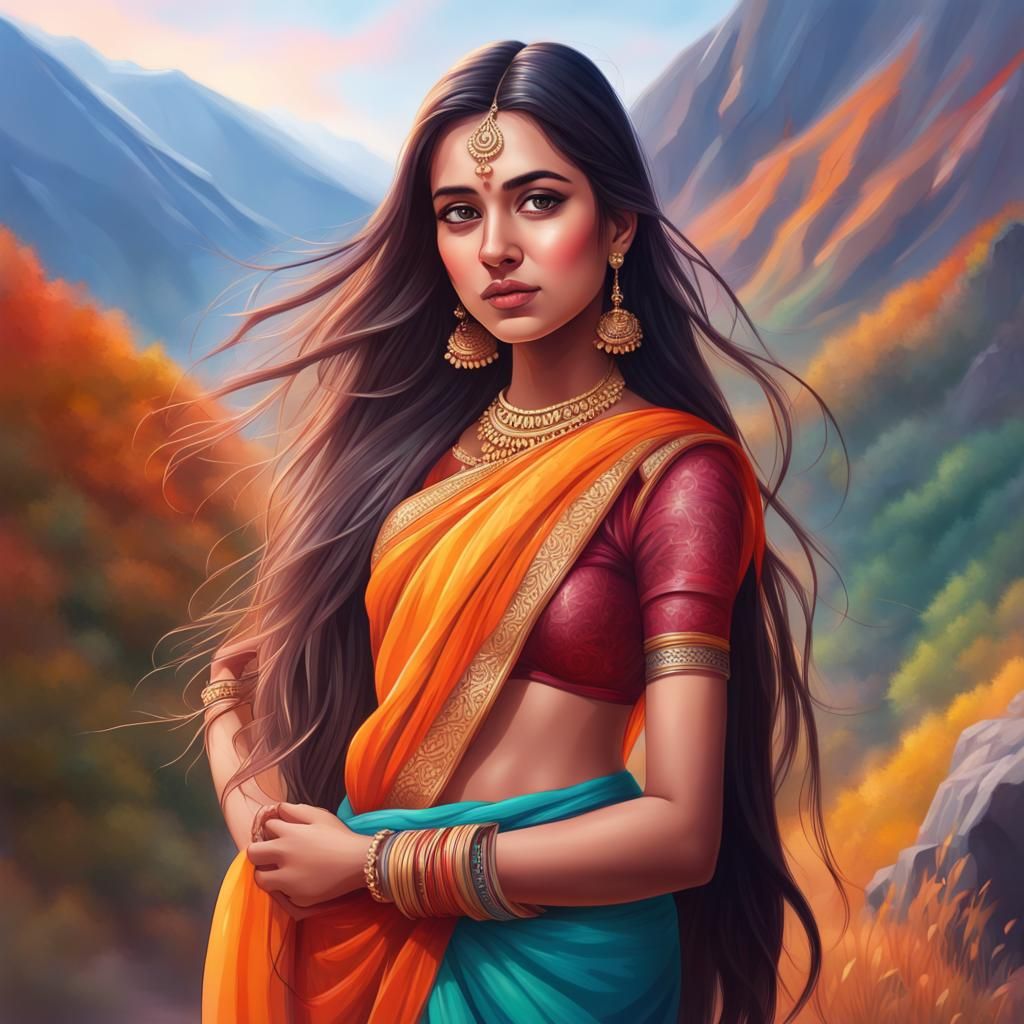 Cute Girl in Sari Posing in Mountains