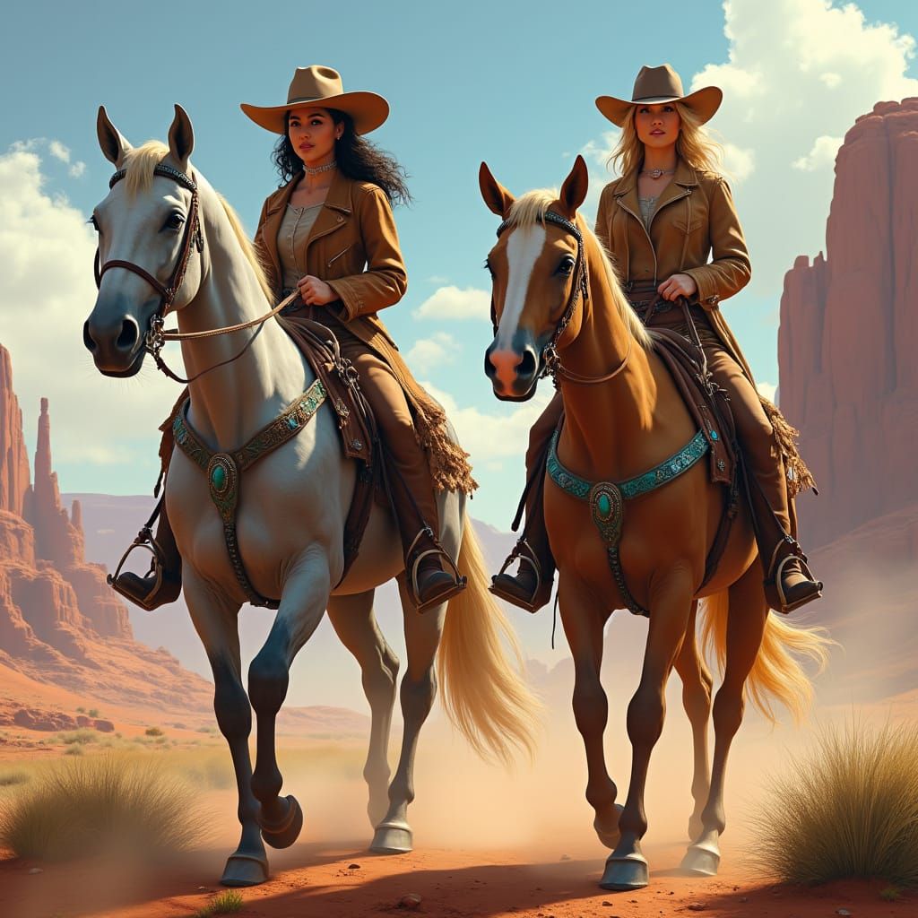 Two Cowgirls Ride Majestic Horses Through a Dreamlike Landsc...