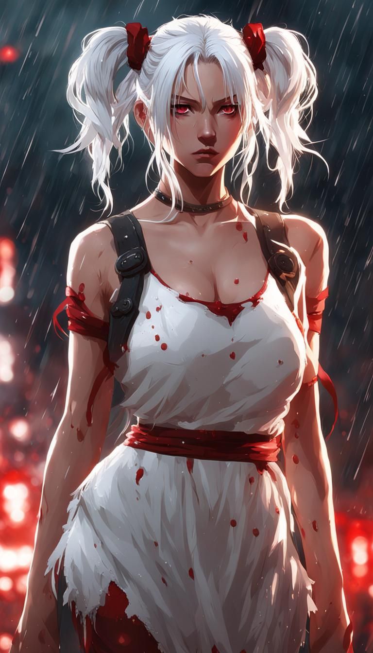 Woman with tattered clothing in the rain