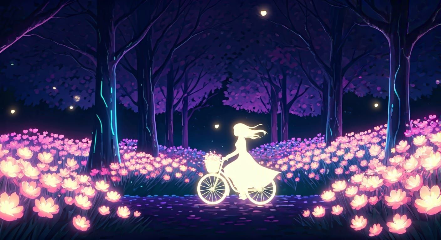 Neon Flower Garden Bicycle Ride Digital Illustration