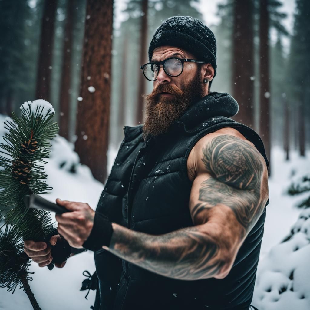 Hipster Lumberjack Chopping Tree in Snowy Forest