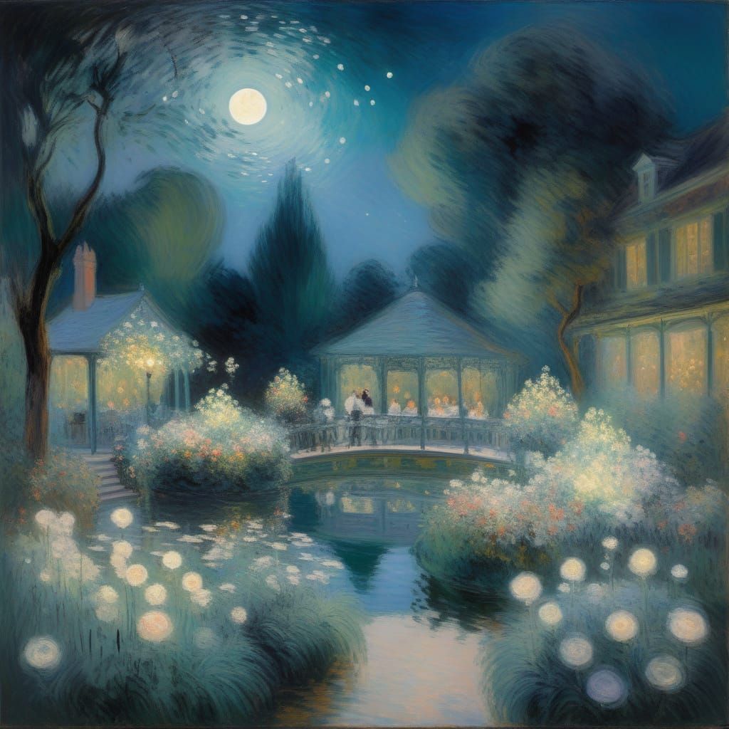 Moonlit Garden Party in Monet's Impressionist Style