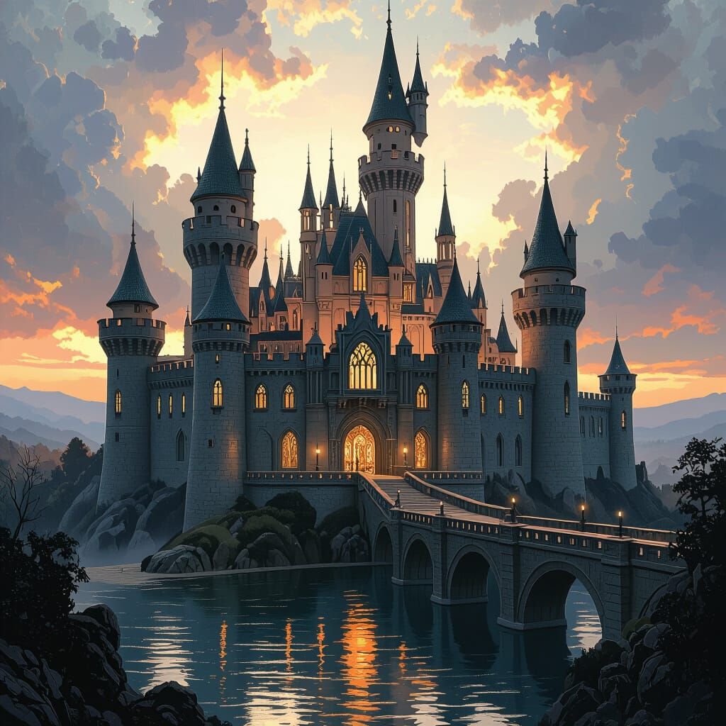 Futuristic Castle with Moat in Frazetta Style