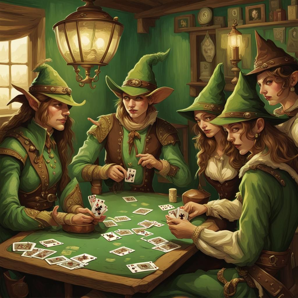 Elves Play Cards in Western Saloon