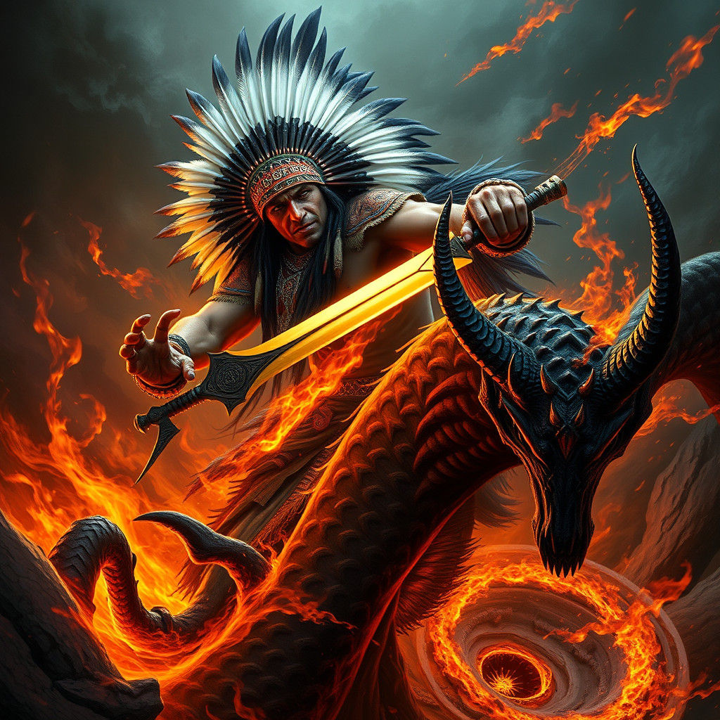 Native American Warrior Battles Demon in Dark Fantasy