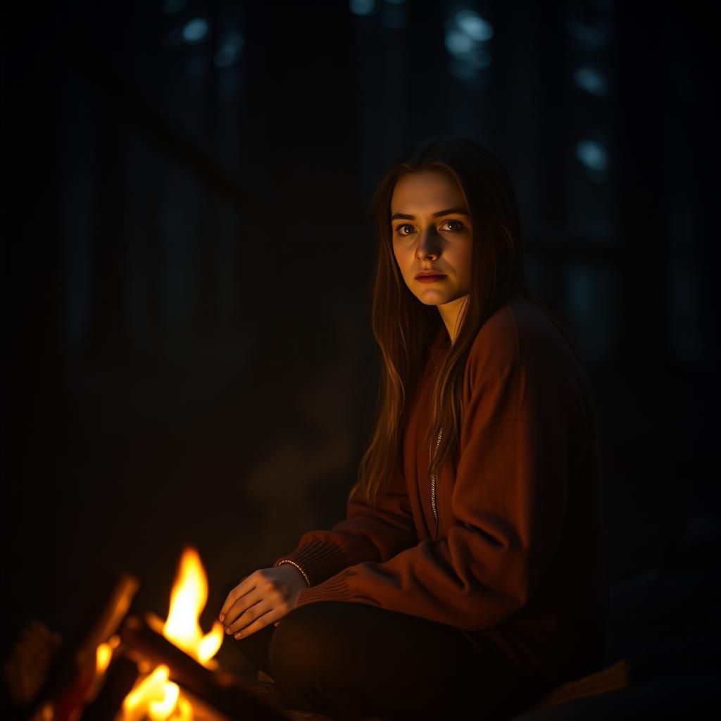 Cinematic Campfire Portrait in Dark Woods