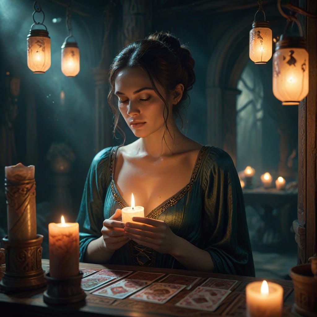 Mystical Tarot Reader in a Softly Lit Chamber