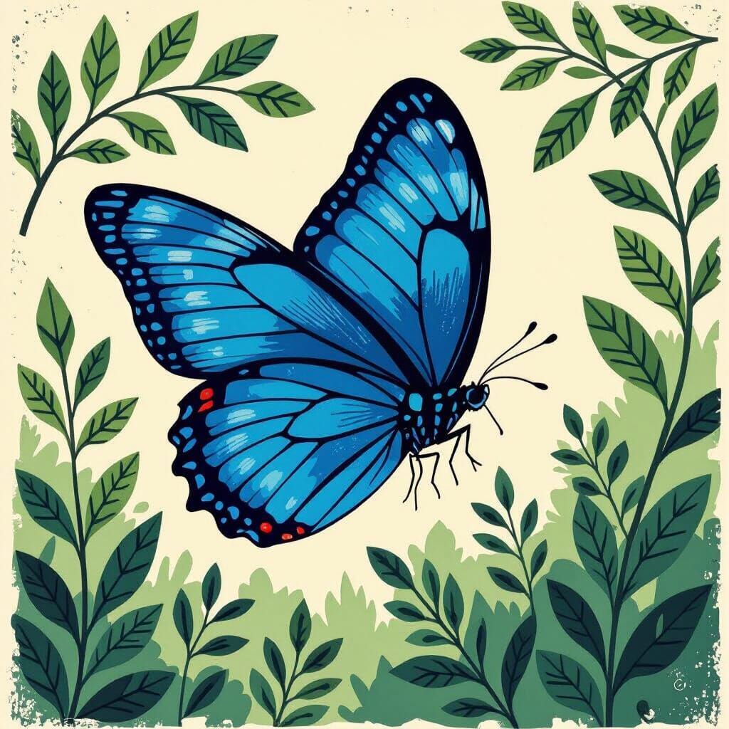 Morpho Butterfly in Flight: Geometric Block Print