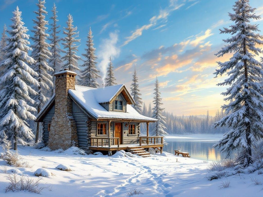 Winter Cabin Amidst Snowy Forest in a Romantic Style