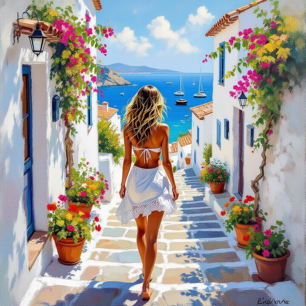 Woman on Mediterranean Street in Impressionist Oil Painting ...