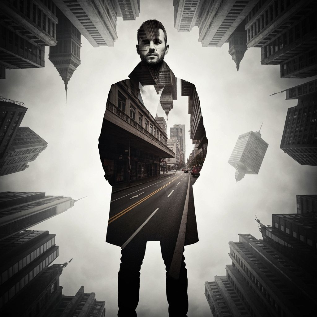 Surreal Double Exposure: Man and Upside Down Cityscape