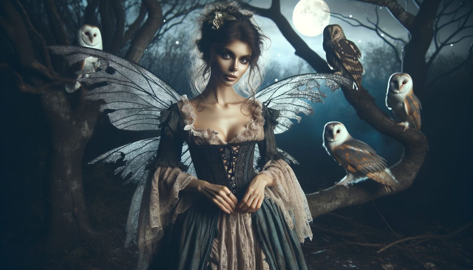 Dark Fairy Under Moonlight in Whimsical Woodland Scene