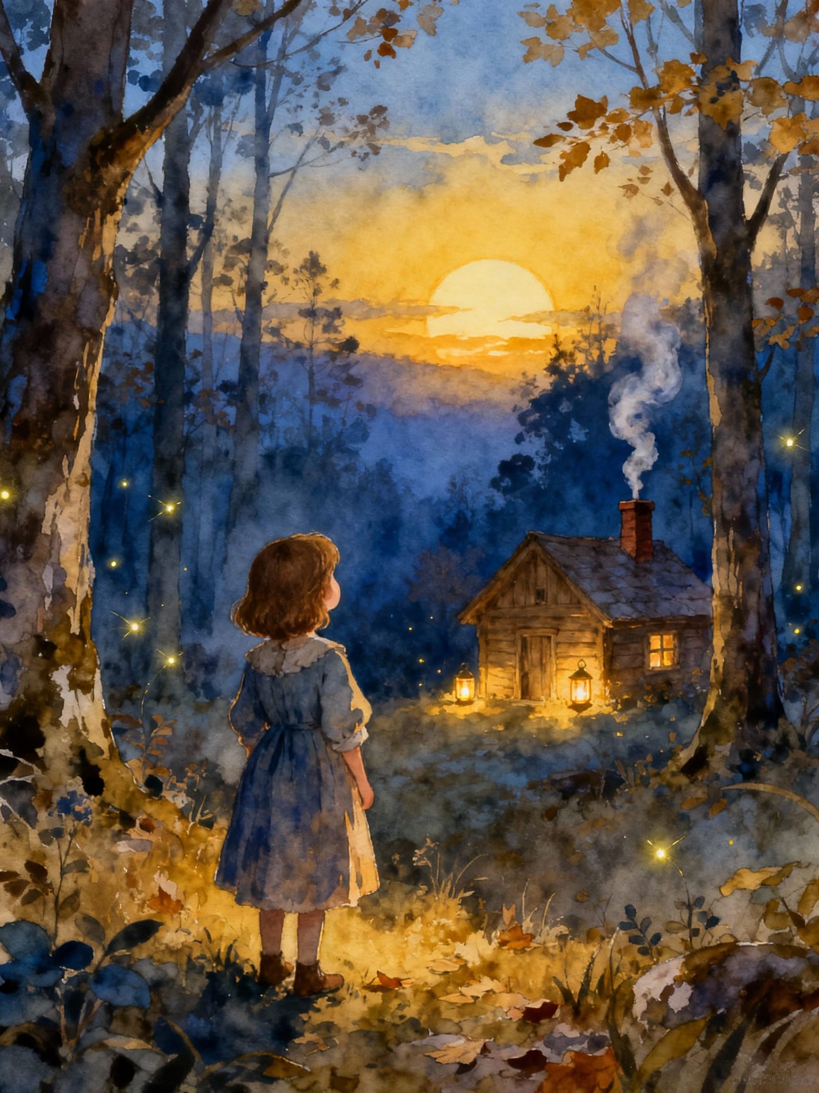 Girl Gazes at Sunset Over Cozy Forest Home