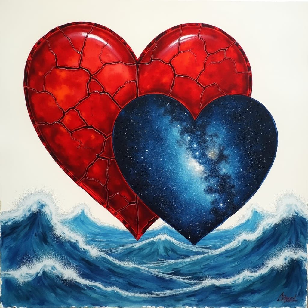 Overlapping Hearts: Glass and Cosmic Watercolor Seascape