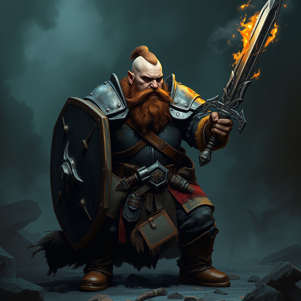Dwarf Paladin with Flaming Sword in Gritty Realism