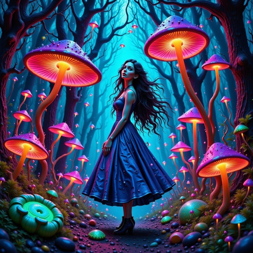 Dark Whimsy Fae in a Lush, Neon Forest