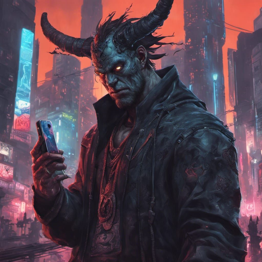 Selfie with Oni in Cyberpunk City, Dark Fantasy Art