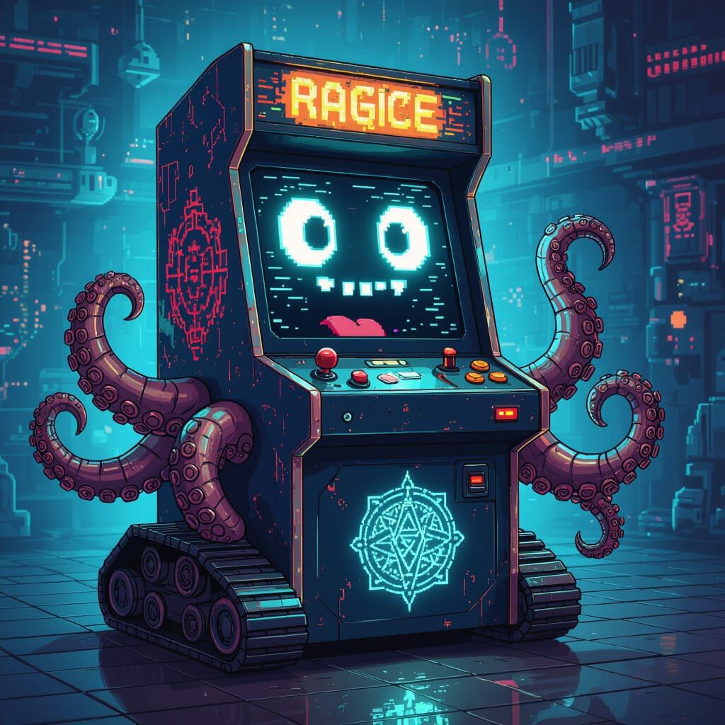 Animated Arcade Machine with Octopus Arms in 8-bit Style
