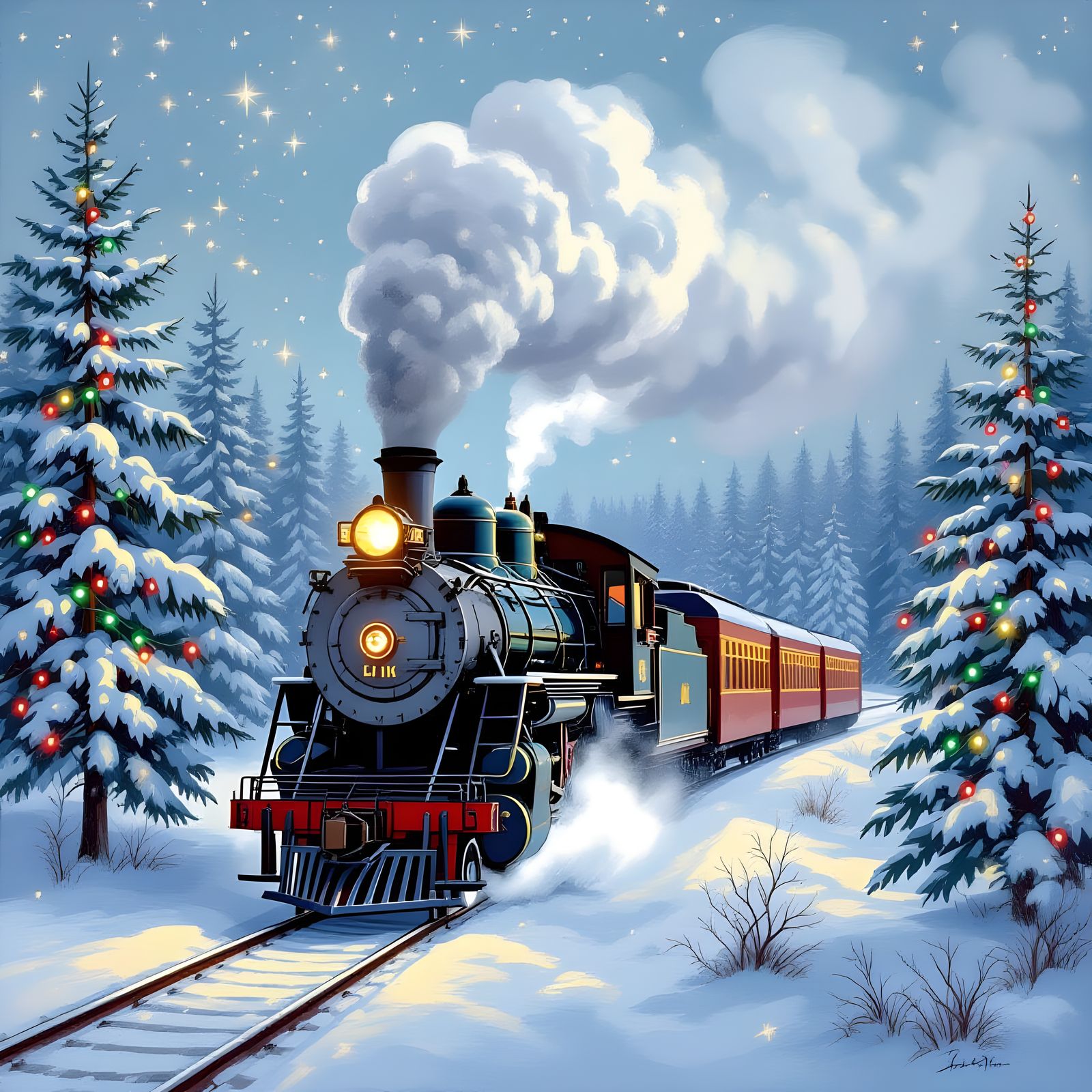 Vintage Train in Snowy Landscape with Christmas Lights