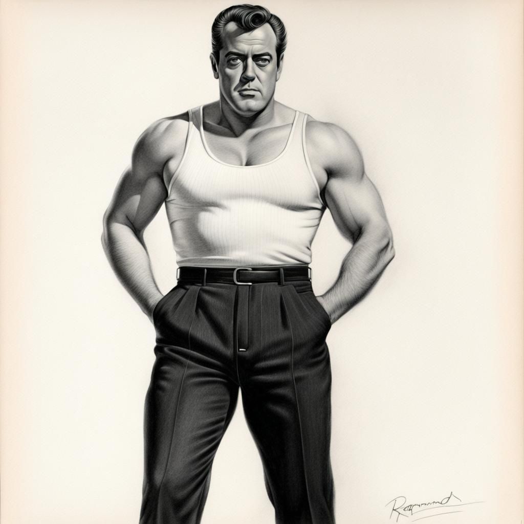 Raymond Burr Muscular Portrait in Pencil, 1960s