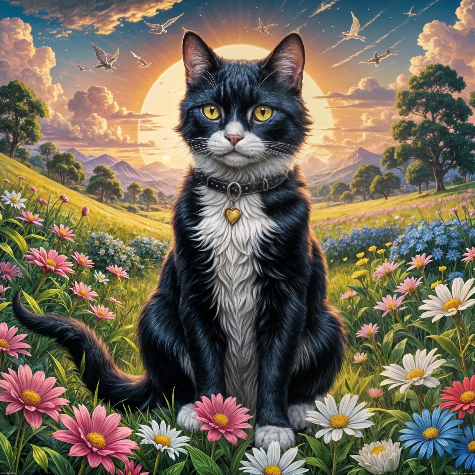 Winged Angel with Cat in Glowing Flower Field