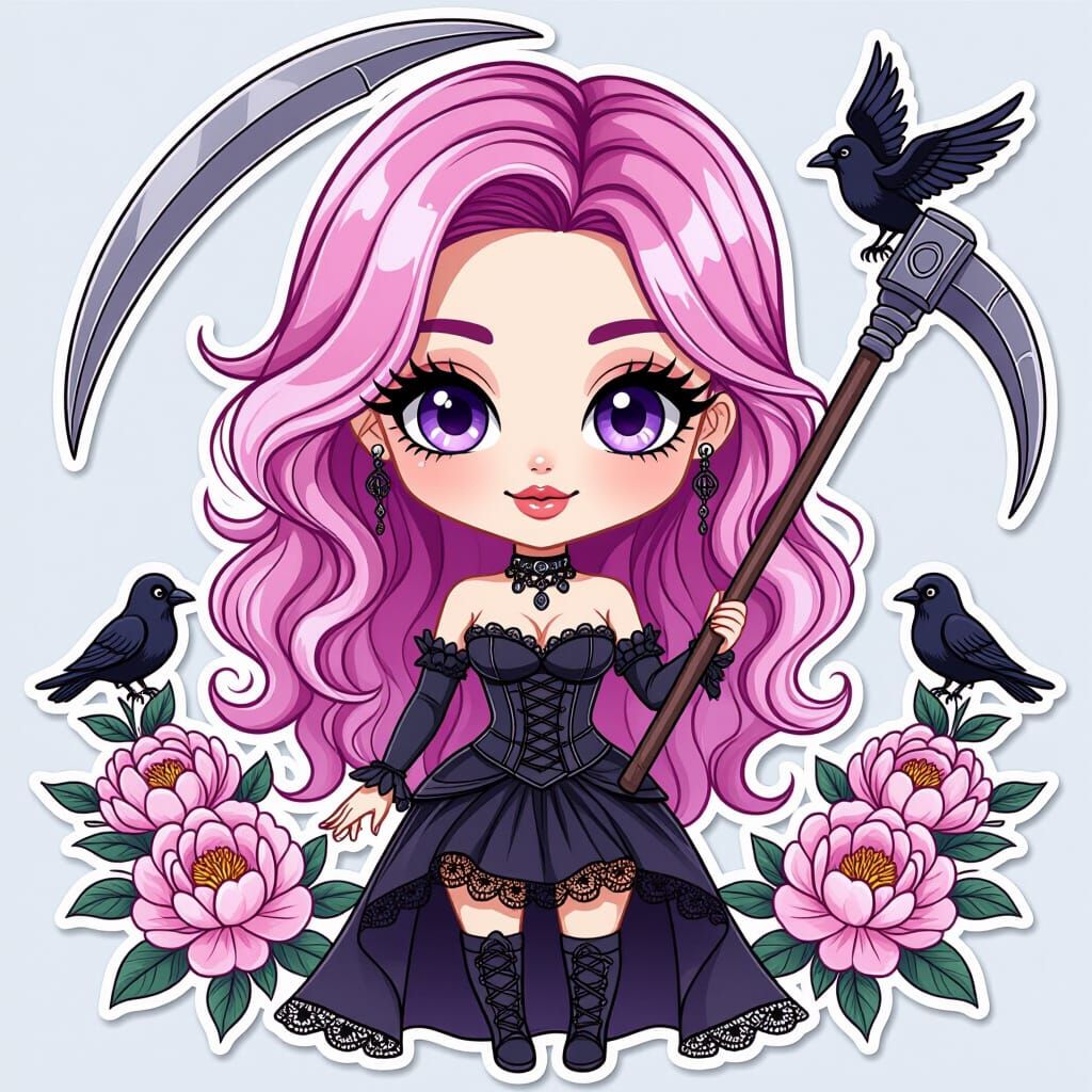 Gothic Chibi Sticker with Scythe, Ravens, and Peonies