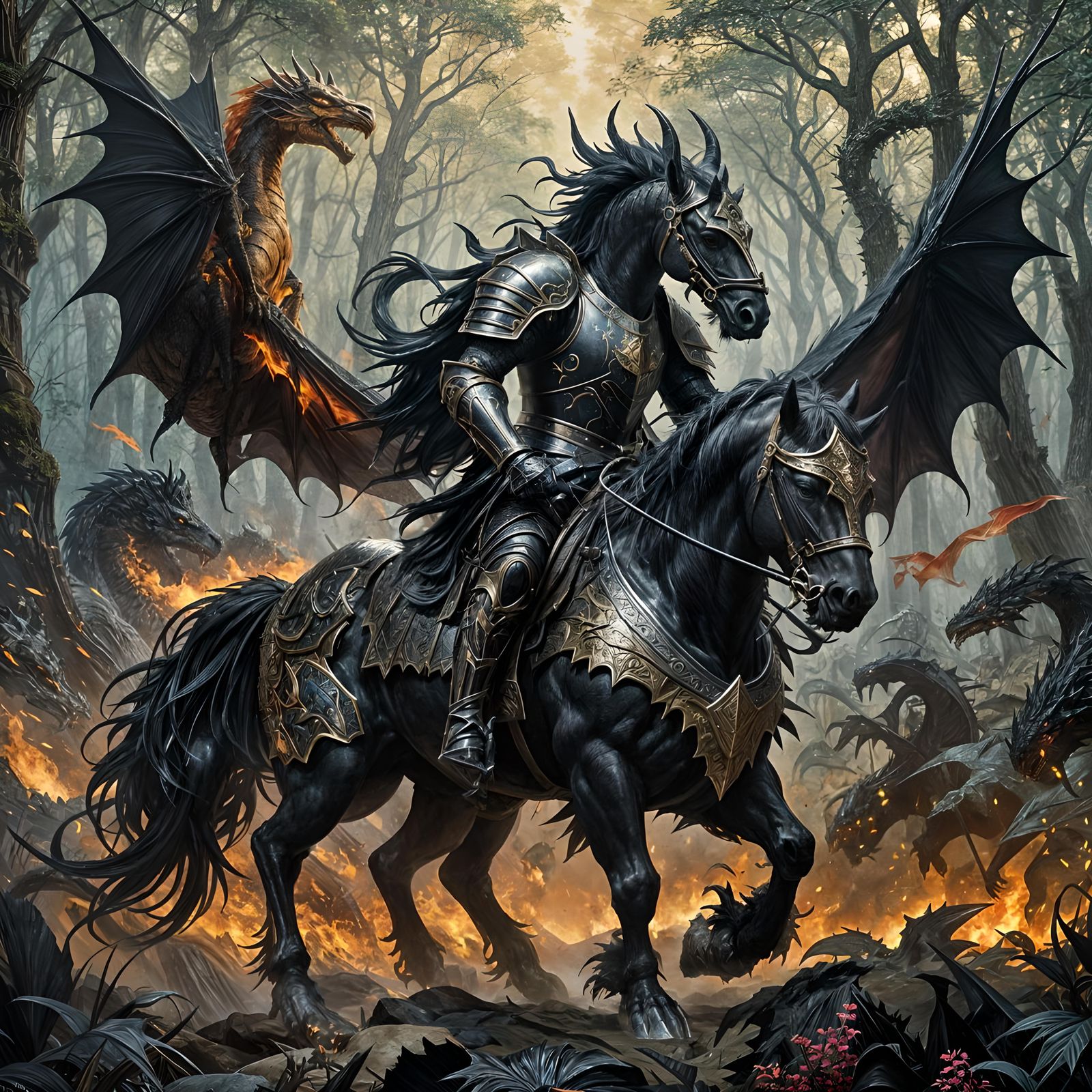 Epic Black Knight on War Horse with Dragon