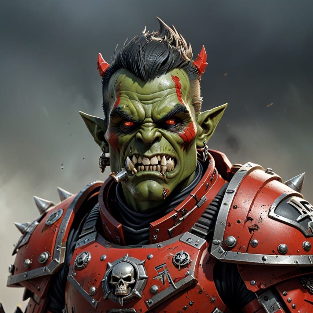 Gritty Warhammer 40K Ork Boy in Red Scrap Armor