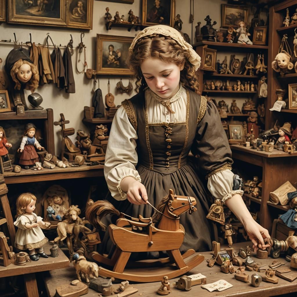 Woman Repairs Toy Horse in Rembrandt Style Painting