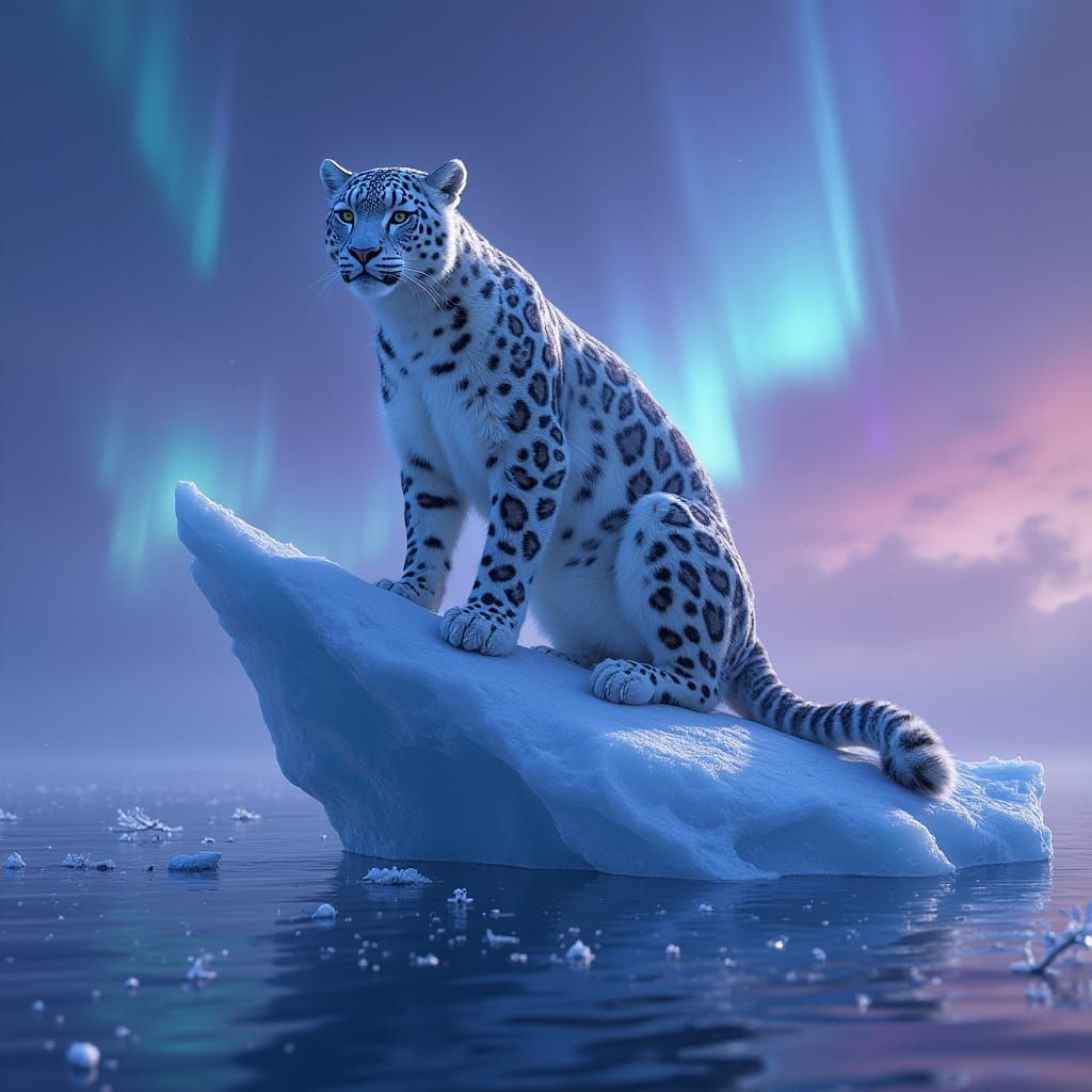 Surreal Snow Leopard Reigns Over Glittering Violet Sea