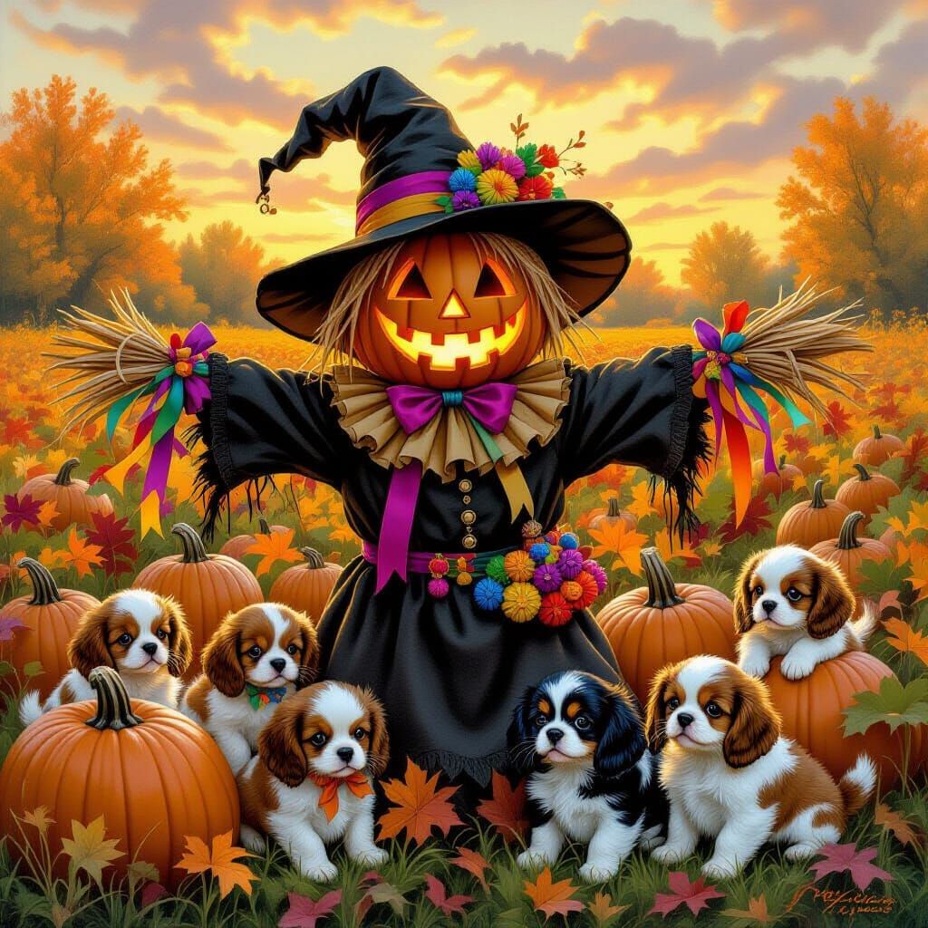 Gothic Scarecrow Guarding Puppies in Lush Pumpkin Patch
