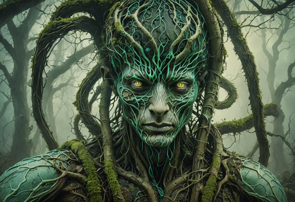 Eerie Bioluminescent Portrait in a Surreal Landscape