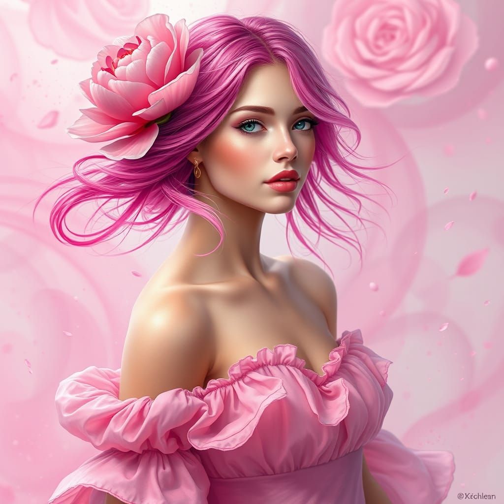 Beautiful Pink-Haired Woman in Dreamlike Fantasy Art
