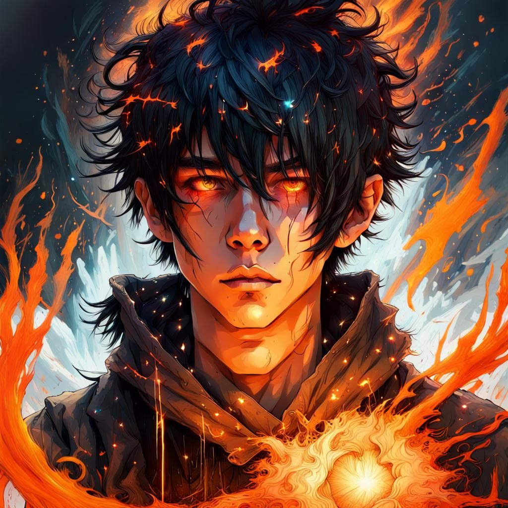 Boy Made of Stars Surrounded by Fire