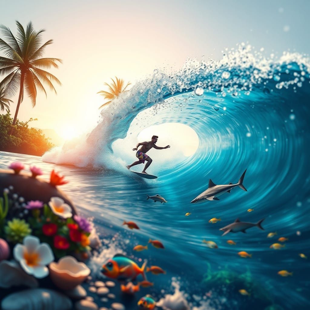 Serene Ocean Scene with Hyperrealistic Wave and Surfer in 8K...
