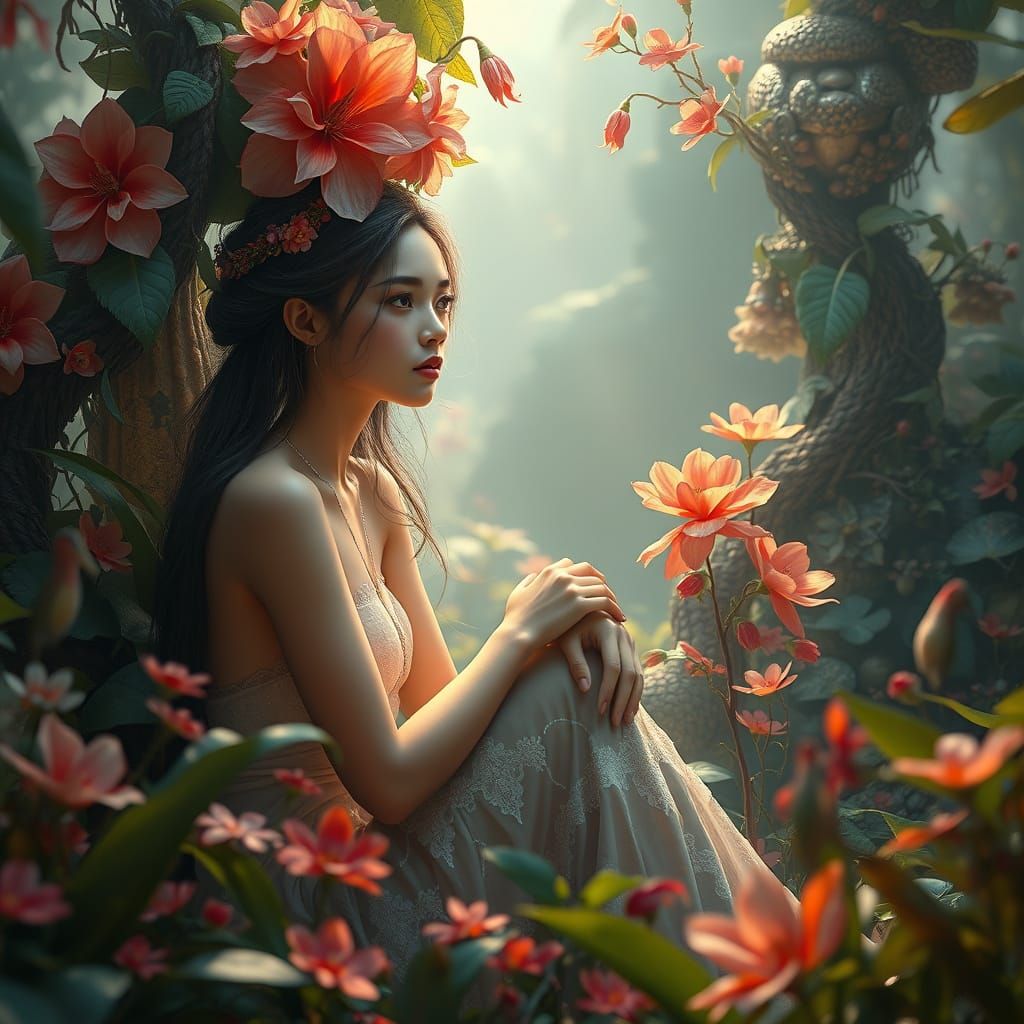 Serene Woman in a Lush, Dreamlike Environment