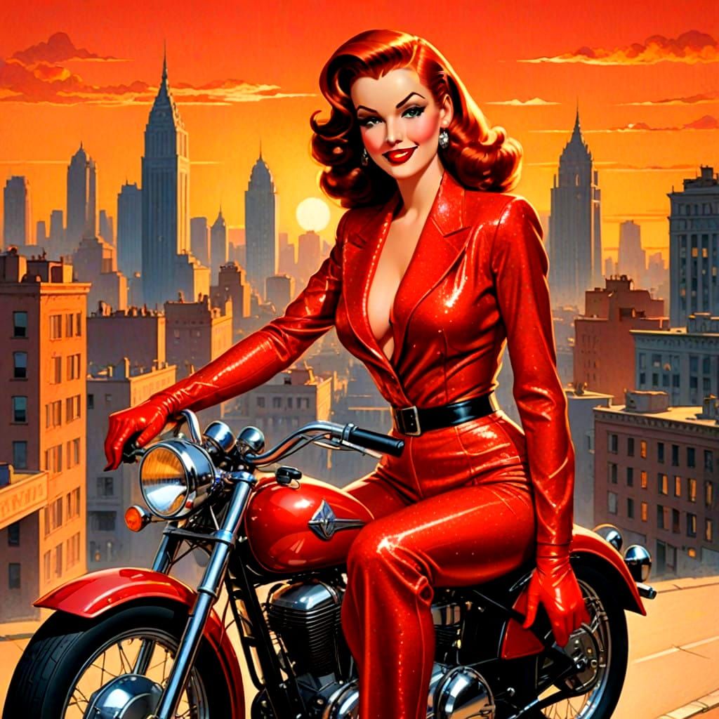Sultry Pin-Up Girl Rides Chromed-Out Motorcycle Under Sunset...