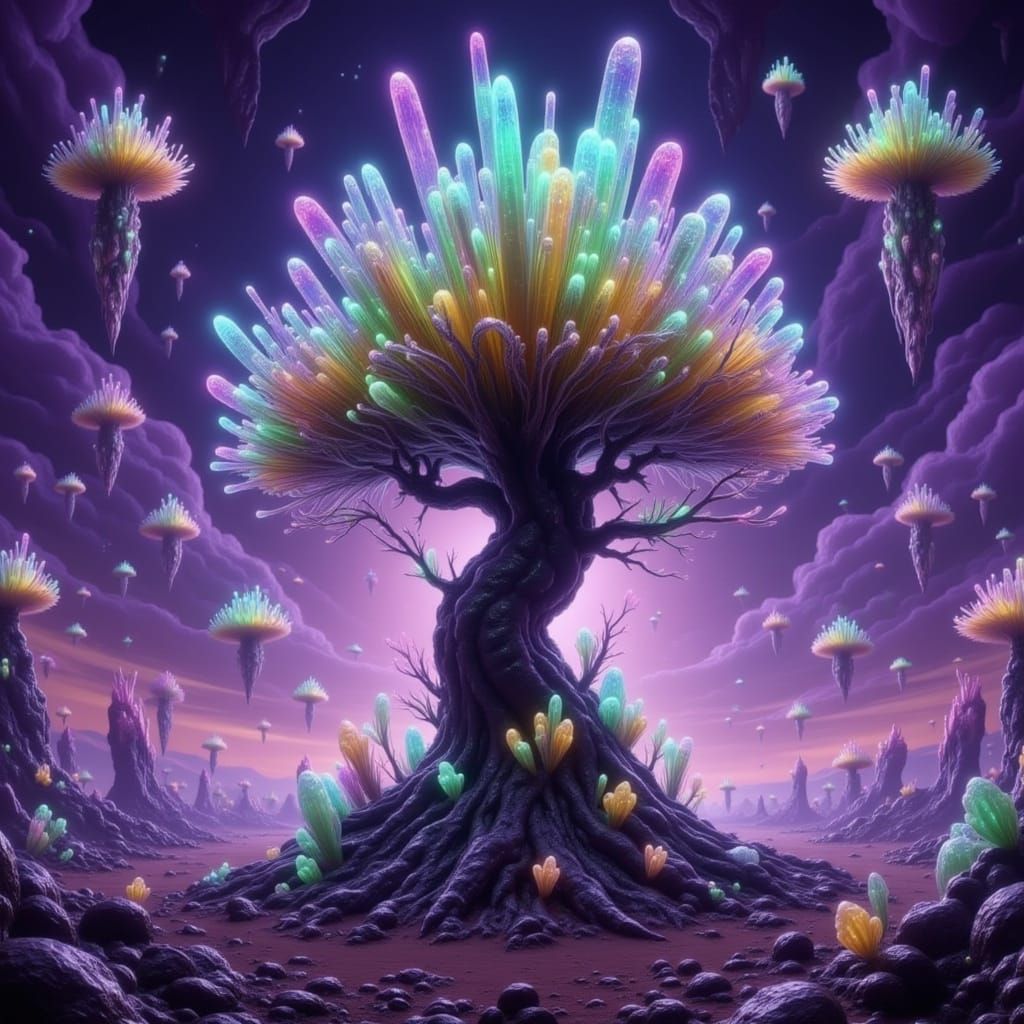 Crystal Tree in Alien Desert, Surreal Fantasy Art