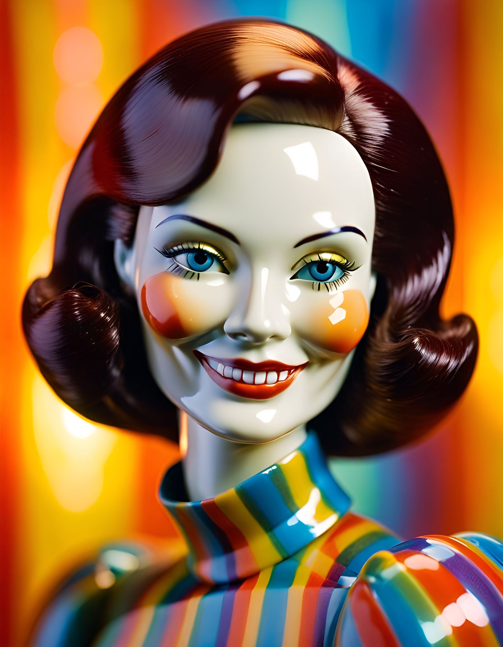 Eerie Porcelain Doll Woman with Retro Groovy Backdrop