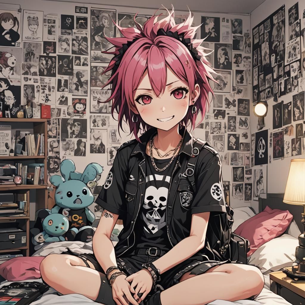 Happy Punk Girl in Anime Style Bedroom