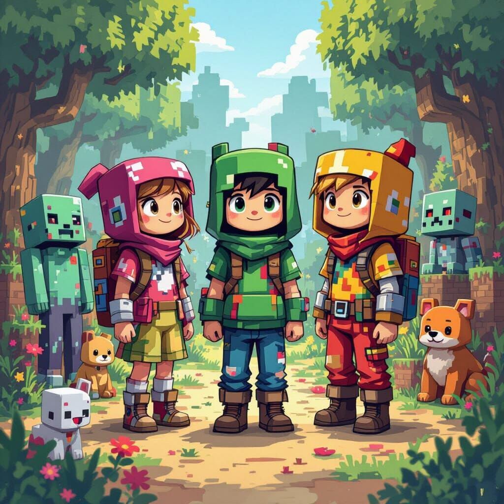 Minecraft Kids Surrounded by Zombies in Digital Art Style