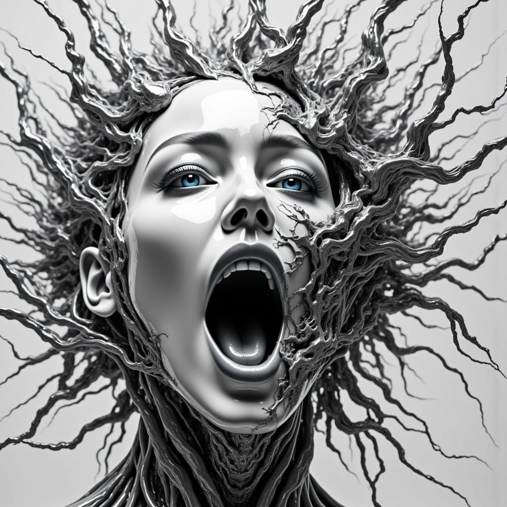 Marble Cyborg Disintegrating into Dust